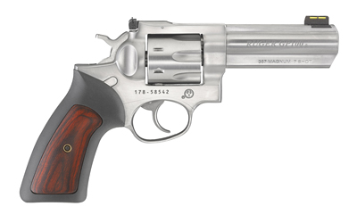 RUGER GP100 357MAG 4.20" ADJ. SS RUBBER W/HARDWOOD 7-SHOT - for sale